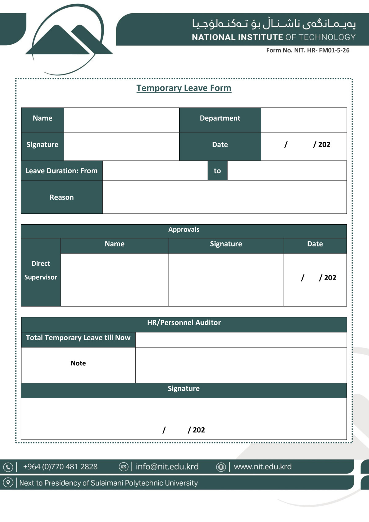 Temporary Leave Form